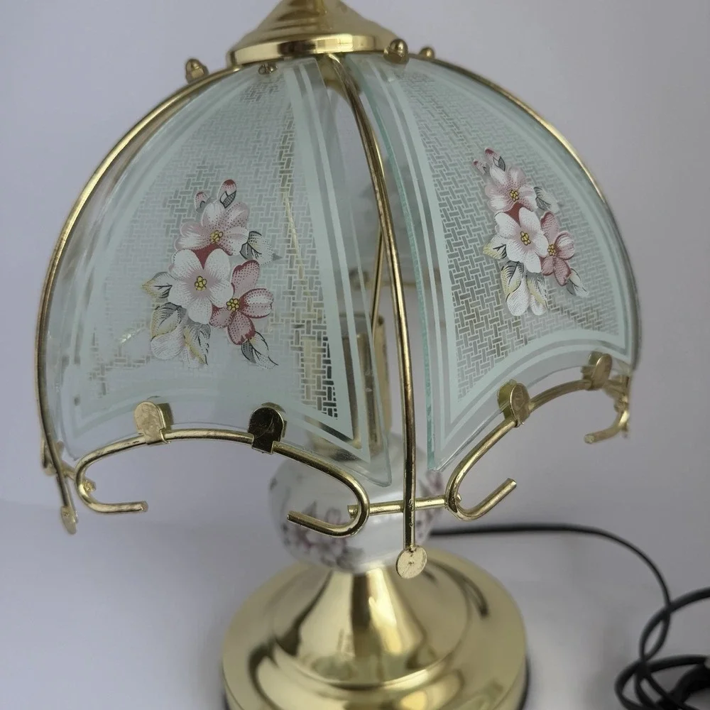 VTG 90s Touch Lamp Printed Floral Design Glass Small Table Lamp *Flaw*